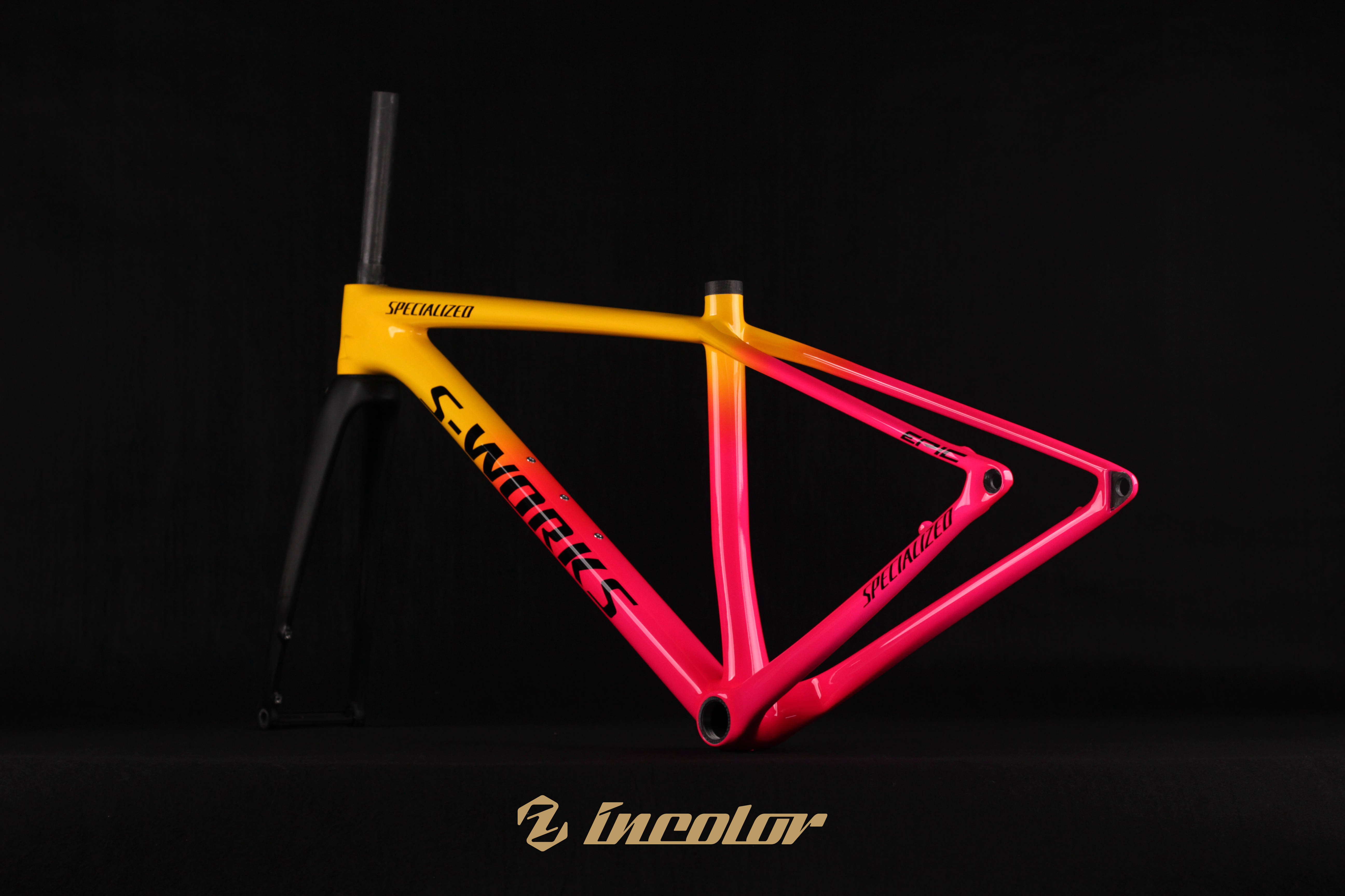 1762闪电epicht山地车架整体亮面荧光桃红黄渐变亮面黑logo涂装定制